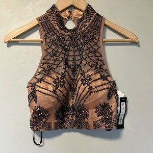 NWT Xscape Embellished Tan Crop Top + Skirt  with Train Two Piece Set
